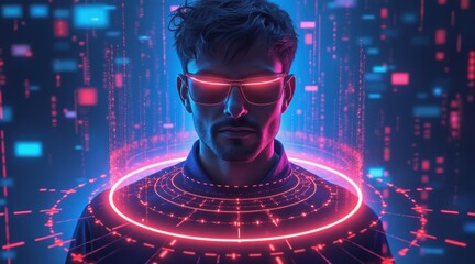 Futuristic man with sunglasses in a digital environment.