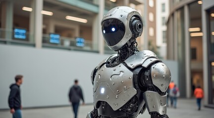 Robotic figure in an urban setting with people in the background.