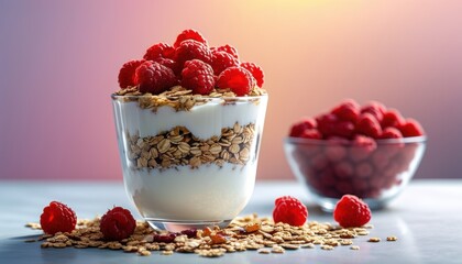 Fitness focused high protein greek yogurt parfait with granola and fresh raspberries for a healthy breakfast concept