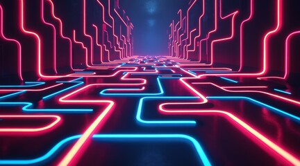 Futuristic neon pathways in a digital landscape.