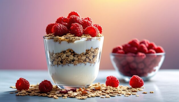 Fitness focused high protein greek yogurt parfait with granola and fresh raspberries for a healthy breakfast concept