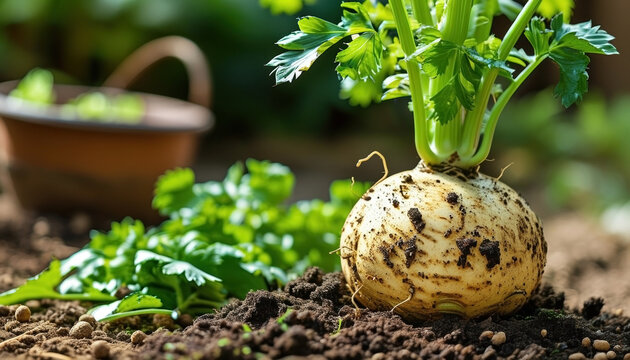 Fresh celery root with dirt in a garden setting highlighting organic harvesting process