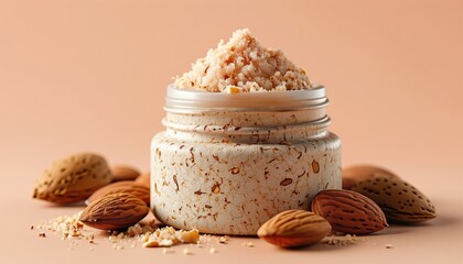 Open jar of apricot kernel body scrub surrounded by apricot kernels on peach background with copy space