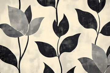 Abstract floral pattern in shades of gray and black on a cream background.