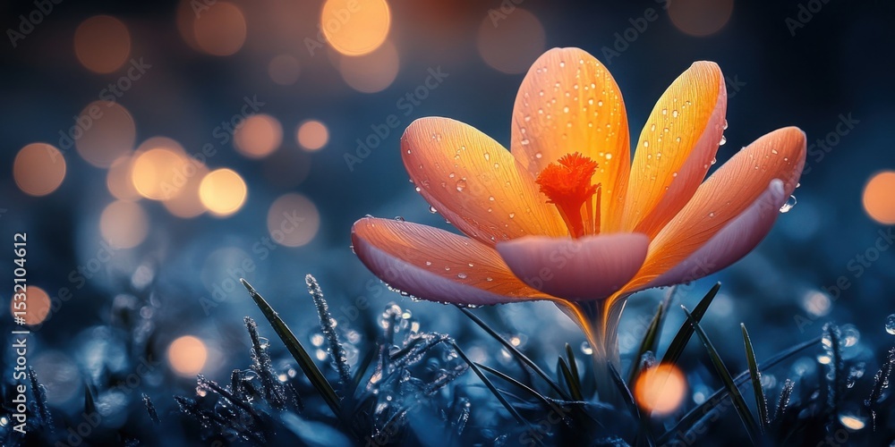 Poster blooming crocus with dew drops glows softly in twilight garden setting