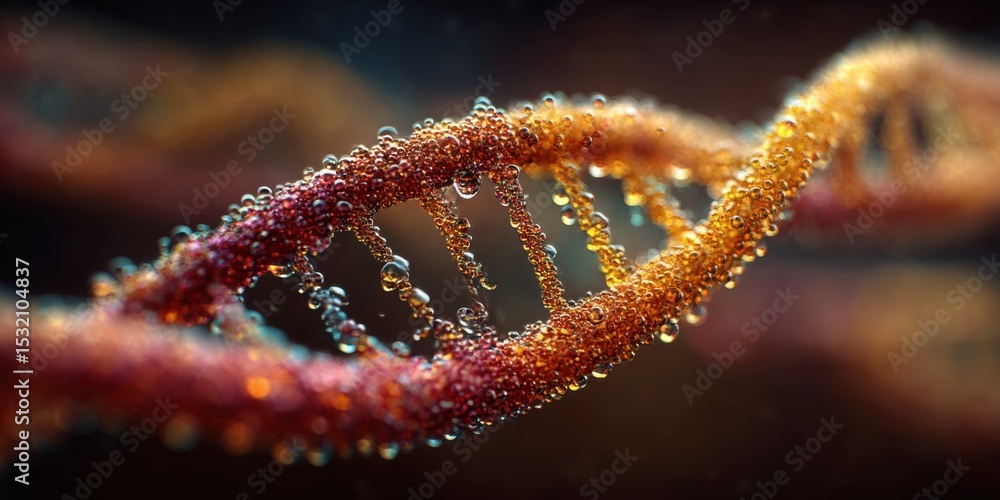 Poster colorful dna double helix with bubbles hovering in an abstract background representing genetic compl