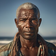 portrait of attractive black African American man on the beach.