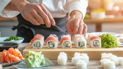 Sushi preparation action culinary kitchen food photography bright environment close-up view culinary art