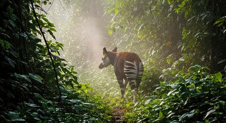 Okapi Navigating Through Mist & Dense Foliage at Dawn