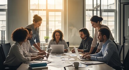 Diverse Business Team Working Together at Table in Bright Office