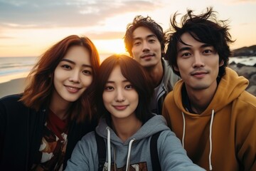 group of happy people, A group of young friends took selfies at the beach, fashion style, holding beer glasses at sunset on the beach.