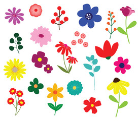 Collection colorful flower clip art elements vector. Flower spring drawing clipart set. Hand drawn blossom illustration collection,  Set floral of wildflower, leaf branch,or decor, easter, sticker