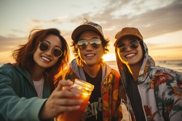 group of friends having fun at the beach, group of happy people, A group of young friends took selfies at the beach, fashion style, holding beer glasses at sunset on the beach.