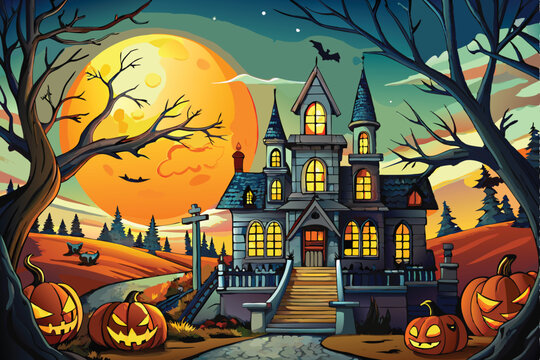 Spooky Halloween night background with haunted house, pumpkin, and bats under a full moon