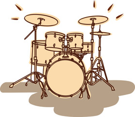 Vector illustration of a drum set in retro style. Complete percussion kit with bass drum, toms, snare, and cymbals. Ideal for music-themed designs, posters, and band promotions.