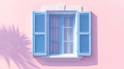 Window wooden shutters on pastel pink color painted wall background. Blue pale european style closed windows