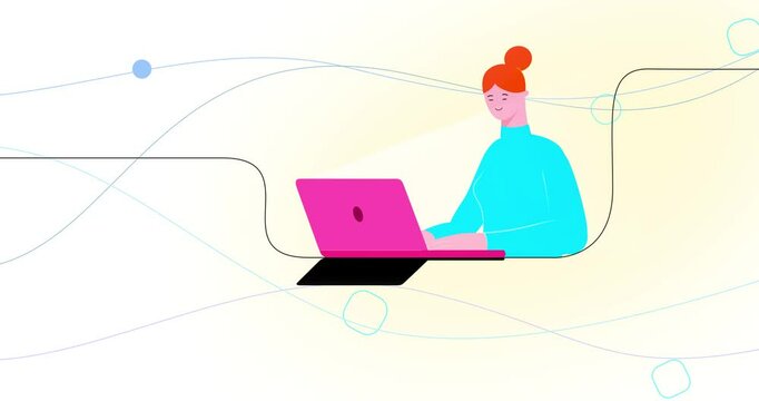 Businesswoman animated opening laptop on light motion design background. Cartoon animation of woman smiling working. Business explainer flat design people serie movie video 4k. Female computer work in