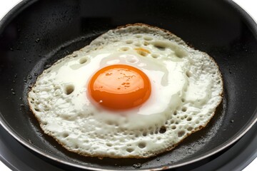 a black pan containing a fried egg