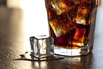 a chilled cola drink with glistening ice cubes