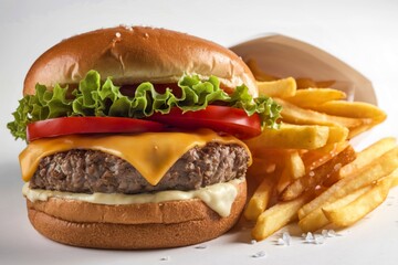 a cheeseburger and french fries on a white background