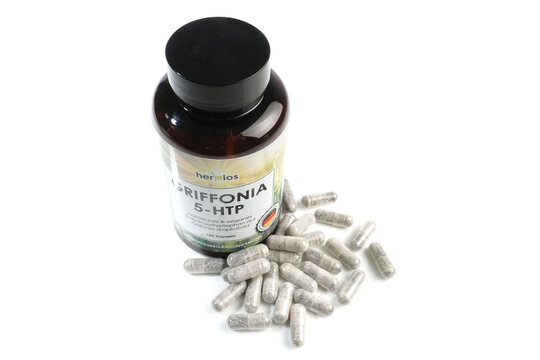 5-htp capsules as supplement isolated on white background