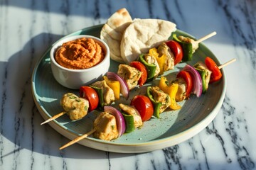 a light gray ceramic plate showcasing vibrant grilled chicken and vegetable kebabs.