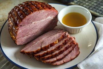 A photo of a plate of sliced ham meat with a golden-brown crust