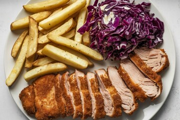 A photo of a plate of sliced schnitzel and potato fries