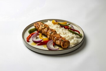 A photograph of a meticulously arranged shish kebab