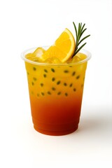 Cold Brew Orange Coffee with Rosemary on White Background. Cold brew coffee and orange juice, garnished with a slice of orange and rosemary sprig, served in a clear plastic cup 