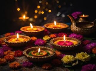 Festive Diwali oil lamps glowing amongst vibrant flower petals on patterned cloth