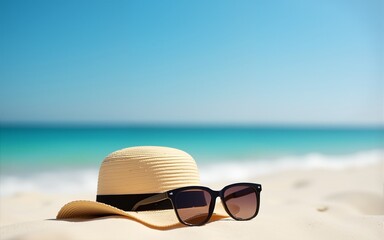 Straw hat and sunglasses on beach. High quality