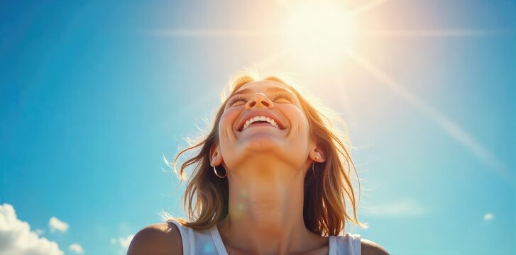 A joyful, upward gaze toward a bright, sunny sky; feeling optimistic and hopeful, filled with light and wonder Perfect for themes of positivity, inspiration, and happiness , optimistic, looking up