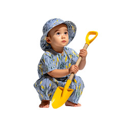 Infant Holding a Shovel While Squatting and Looking Upward with a Hat