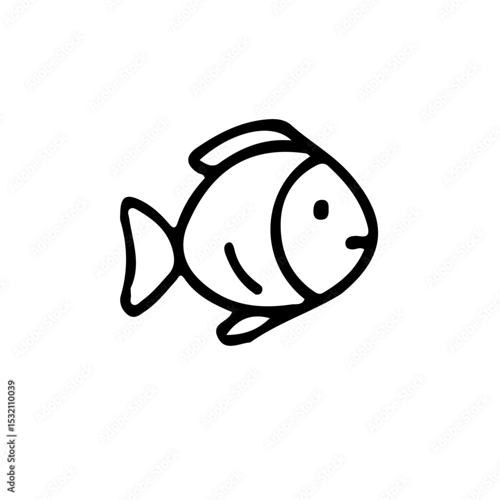 Poster a simple line drawing of a fish with rounded body and fins swimming to the right side of the frame v