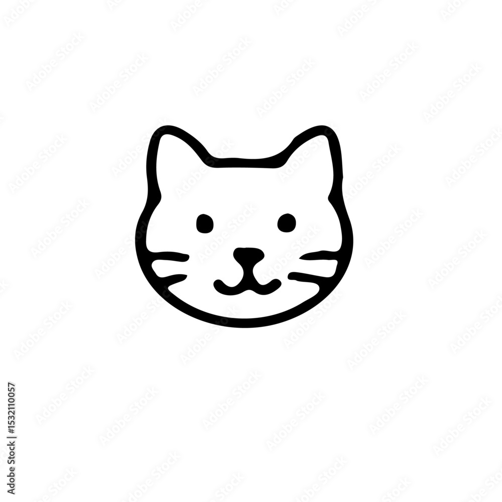 Poster a simple line drawing of a cat head with rounded ears and a small smiling mouth on a white backgroun
