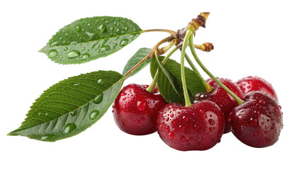 Freshly Washed Bright Red Cherries with Green Leaves and Water Droplets, Generated by AI