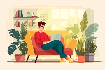 Fototapeta premium Creative Workspace in a Cozy Living Room With a Person on a Laptop Generative AI