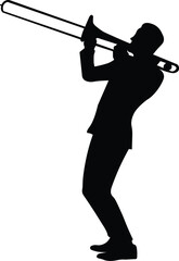 Trombone player silhouette. Jazz musical instrument silhouette isolated on white background. Vector Illustration