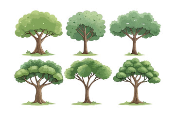 Green Trees Set  Watercolor  Illustration Isolated on White