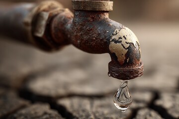 Rusty faucet with world map and a single water drop over dry cracked ground