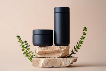 Minimalist dark blue drinkware on stone podium with greenery decoration