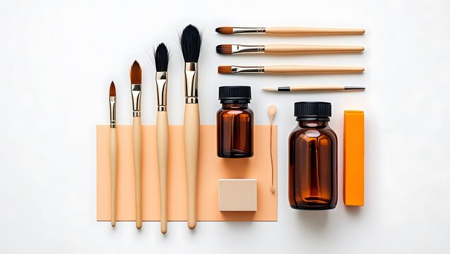 Artistic essentials arrangement with paintbrushes and amber bottles on white surface