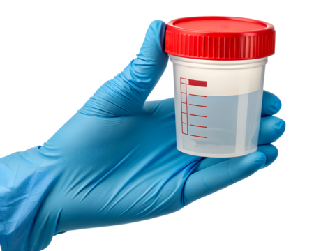 A gloved hand holds a clear urine sample container with a red lid. The container is partially filled with liquid, set against a transparent background.