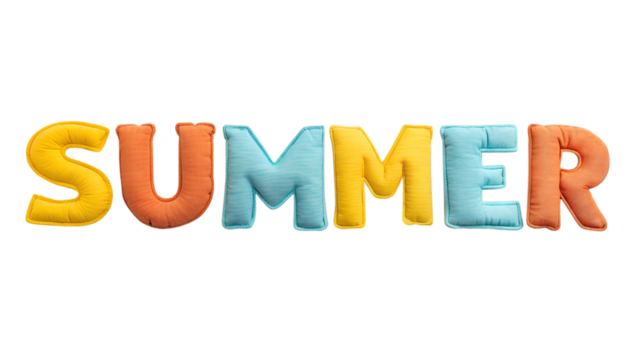 Colorful letters spelling 'SUMMER' in orange, blue, and yellow on a transparent background. The letters have a soft, plush texture. - Powered by Adobe