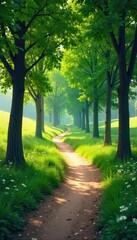 Obraz premium A winding, tree-lined path meanders through a lush green landscape, symbolizing the journey of family life, full of twists, turns, and beautiful scenery , life, tranquility, childhood