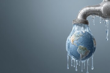 Planet Earth melting from faucet as symbolic water drop