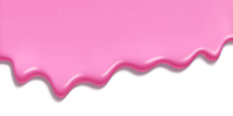 Pink ice cream melt dripping down on transparent background - glossy liquid strawberry frosting flowing with smooth wavy edge. Sweet dessert topping for decoration, candy design or food illustration.