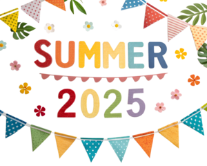Colorful summer-themed design with the word 'SUMMER' and the year '2025'. Features decorative bunting and floral elements on a transparent background.