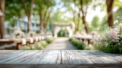 High-Quality Stock image of white wooden table top with blur background of wedding garden.